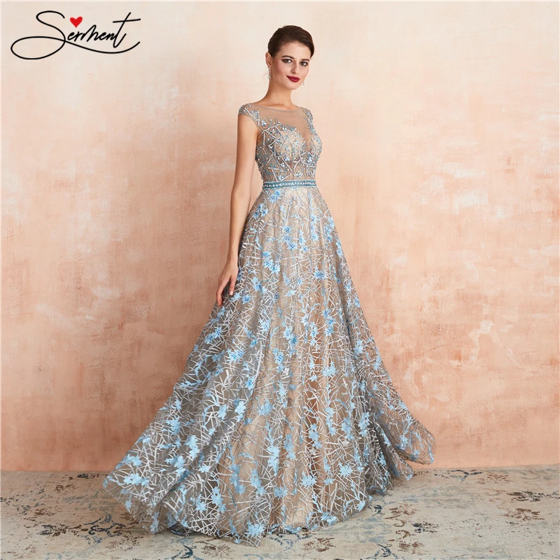 

SERMENT Luxury Floor-Length Printed Evening Party Dress Wedding Dress Interspersed with Blue Patterns Royal Dress Evening Gowns