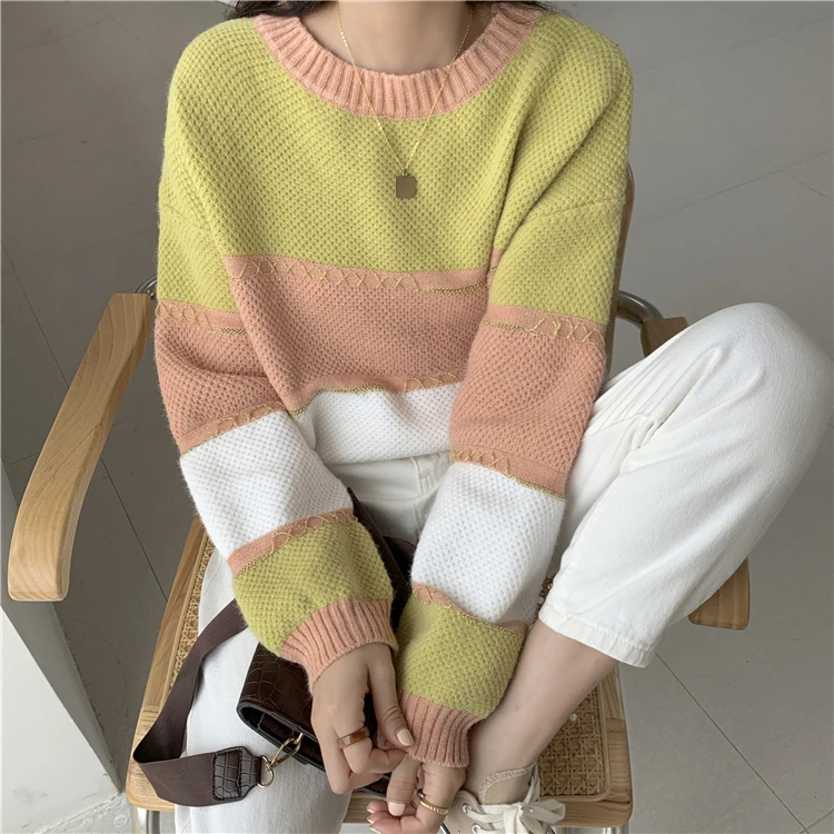Colorfaith, новинка, Осень-зима, женские свитера, свободные, повседневные, модные, минималистичные топы, корейский стиль, вязанные, в полоску, SW1819