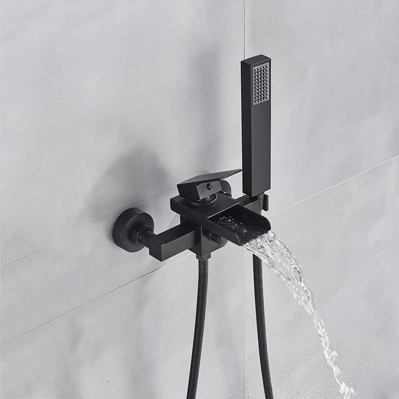 Matte Black Bathroom Bathtub Faucet Waterfall Faucet With Hand Shower Hot and Cold Water Mixer Taps Wall-mounted Bathtub bathtub faucet water mixer