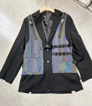 

SuperAen 2020 Autumn New Handsome Cool Luminous Vest Patchwork Fake Two-piece Suit Woman Jacket