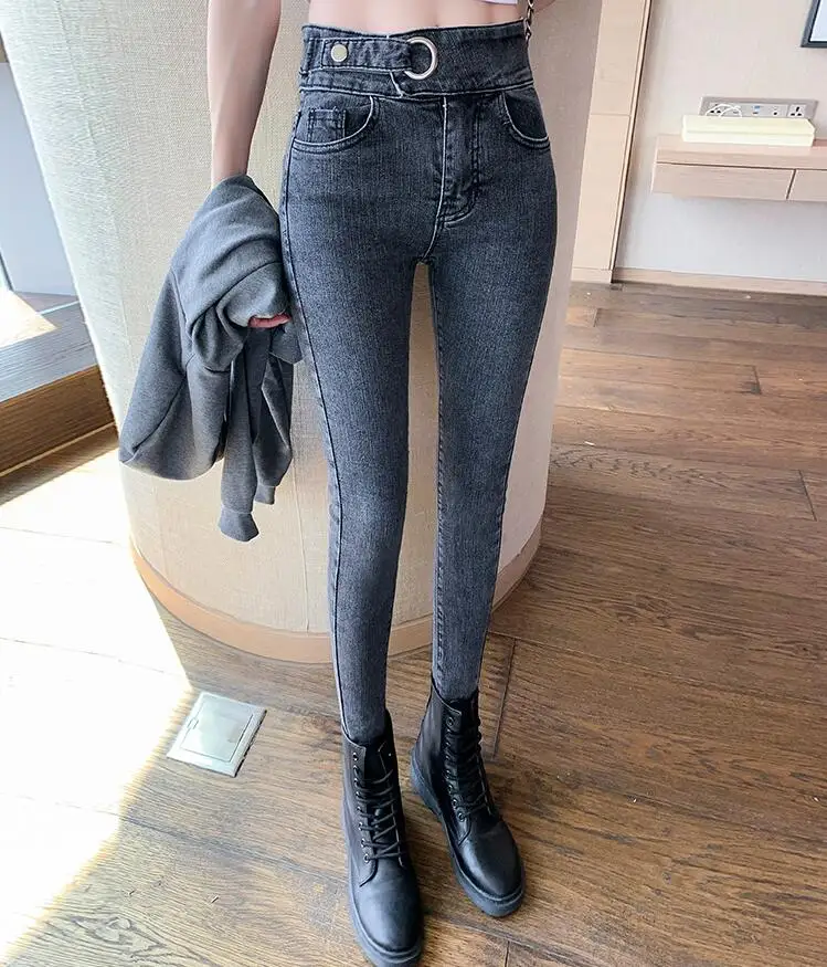 Winter Jeans Female High Waist Denim Skinny Warm Jeans for women Mujer Velvet Pencil Pants Stretch Pantalon Femme - Цвет: Серый