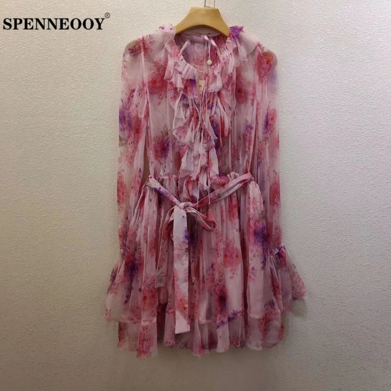 

SPENNEOOY Designer Custom Runway Women Summer Silk Short Playsuits Trumpet Sleeve Bow Ruffles Floral Printed Ladies Jumpsuits
