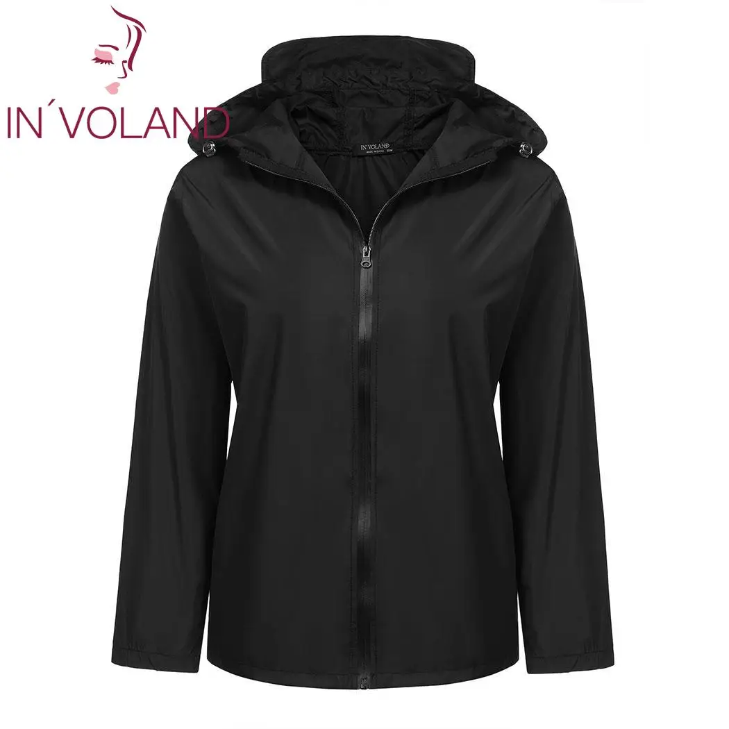 IN'VOLAND Женское пальто размера плюс, повседневная однотонная ветровка с капюшоном, легкое пальто на молнии, плащ с длинным рукавом, женская верхняя одежда, топы