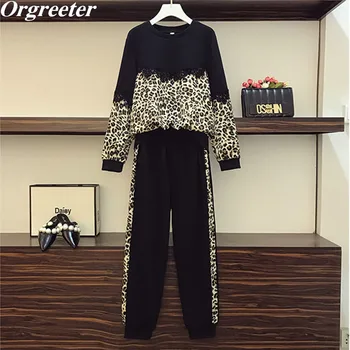 

Plus Size Tracksuit Women Autumn Winter New Fashion Lace Trim Leopard Printted Patchwork Sweashirt and Pants Sport 2 Piece Sets