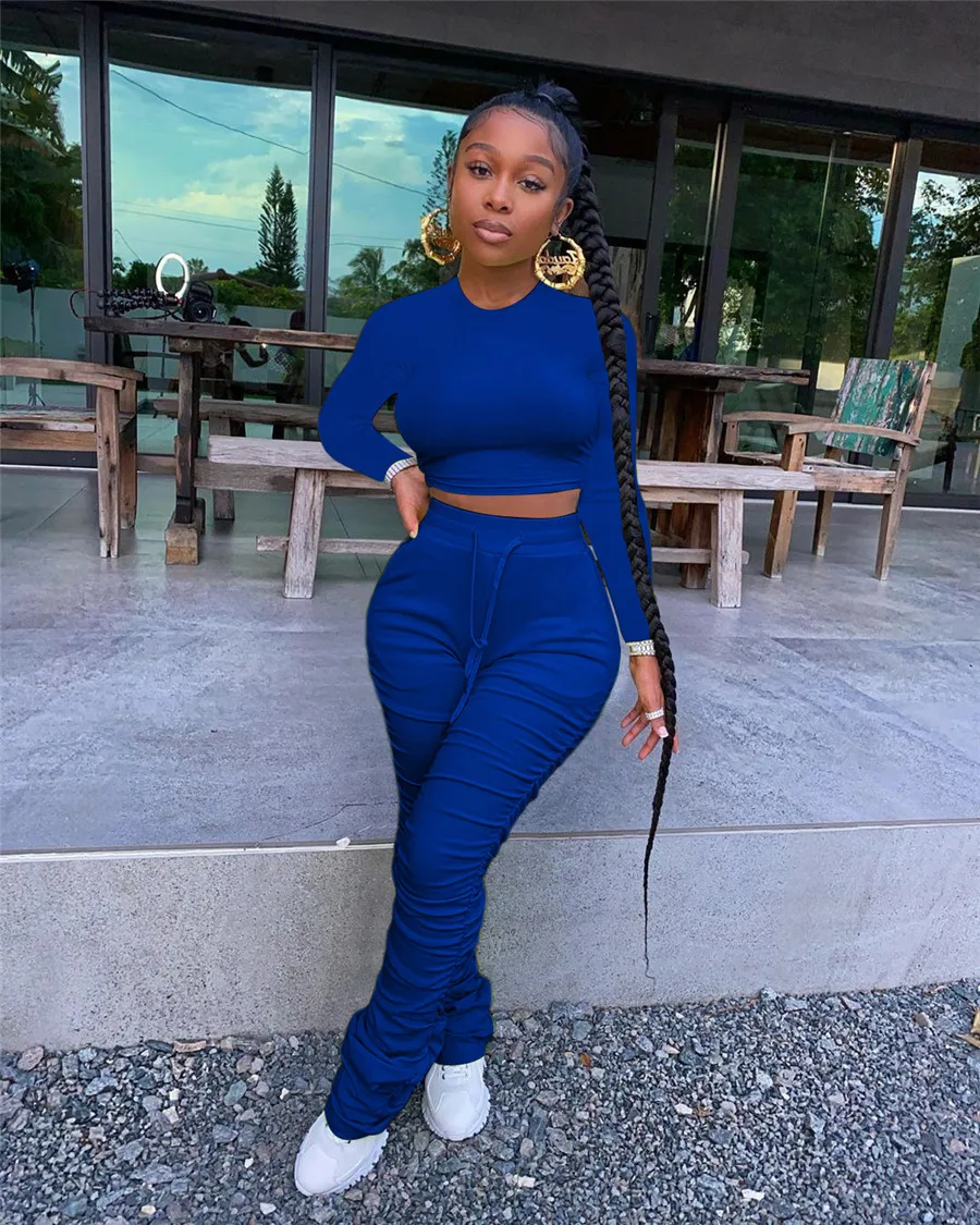 

Stacked Leggings Women Sets Slim Solid O Neck Stacked Sweatpants Sets for Women Fashion Flare Pants Women Clothing