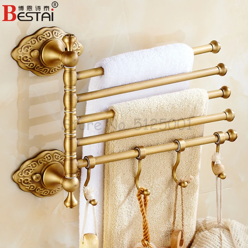 European towel rack all copper towel rack/towel rack thickened antique rotating towel bar/single or double pole - Цвет: Светло-желтый