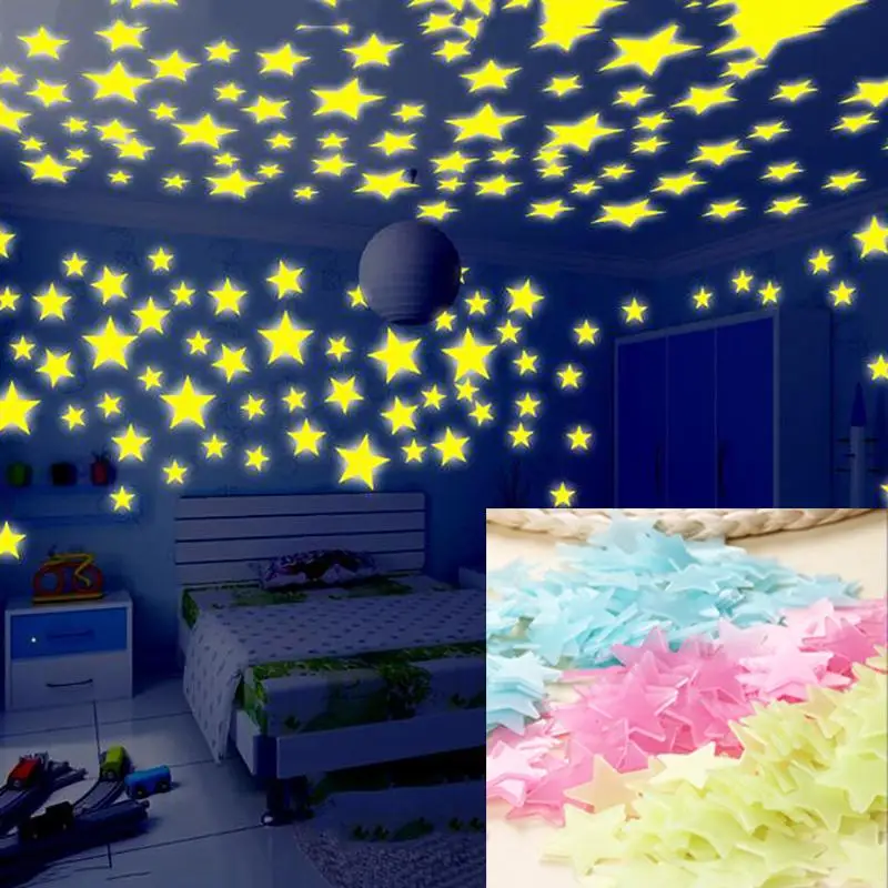 

Child's Room Wall Stikers 100Pcs 3D Stars Glow Shine in The Dark Luminous Wall Glowing Stickers for Living Room Home Decoration