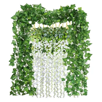 

12Pcs Artificial Wisteria Vine Rattan Hanging Garland Flowers 12Pcs Fake Ivy Leaf Foliage for Garden Wedding Wall Decor