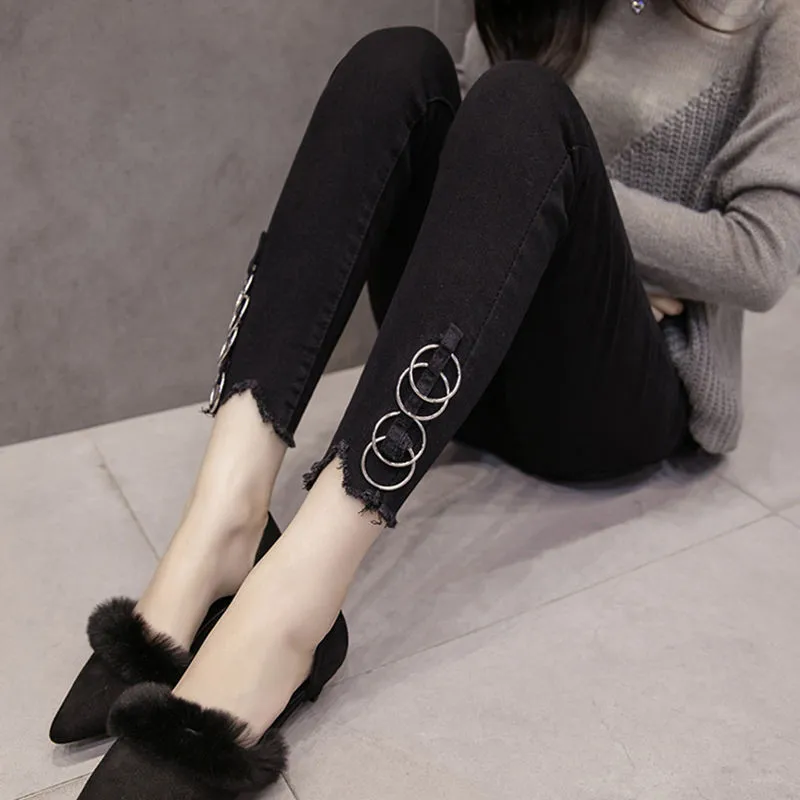 Spring and autumn pants female students black jeans Korean high waisted Leggings all kinds of thin pants with fur edge slightly flared jeans women s autumn thin autumn dress new high waist skinny short man fur edge flare pants women s jeans