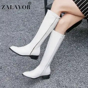

ZALAVOR Women Pu Leather Knee High Boots White Flats Round Toe Zipper Winter Warm Shoes Woman Fashion Office Boots Size 32-43