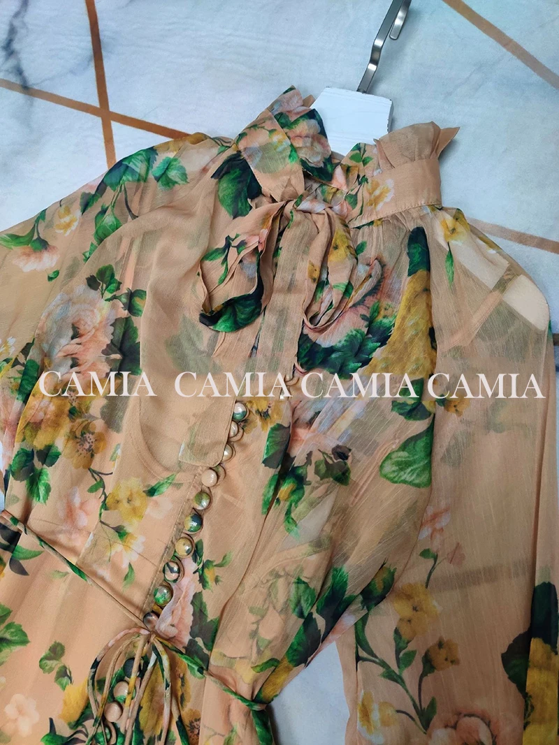 CAMIA ZIM осеннее праздничное платье из желтого шифона с принтом в виде деревянных ушей, с поясом, двухсекционное вечернее платье для женщин