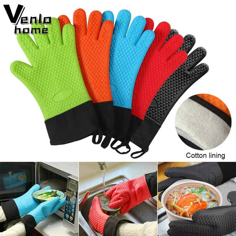 2Pcs Baking Gloves Food Grade Thick Heat Resistant Silicone Glove BBQ Grill Gloves Kitchen Barbecue Oven Cooking Mitts Grill