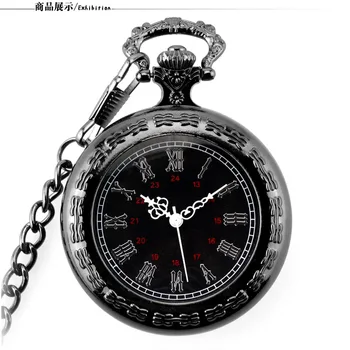 

Vintage Black Unisex Fashion Roman Number Quartz Steampunk Pocket Watch Man Women Necklace Pendant with Chain Gifts