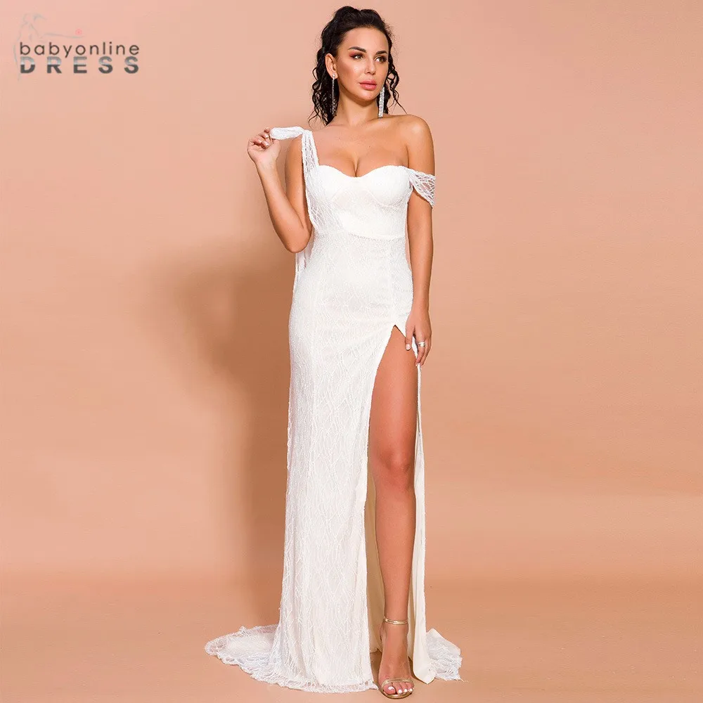 

Robe De Mariee Sexy Split Long Wedding Dress lace Wedding Beach Flow Bridal Gowns White Off The Shoulder In Stock Robe Mariage