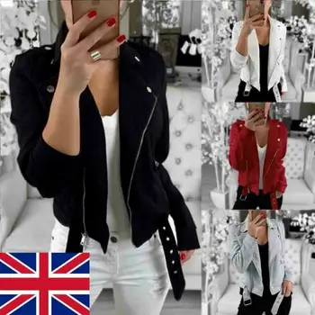 

Plus Size Women's Ladies Windbreak Turn Down Collar Button Zipper Jacket Flight Coat Zip Up Biker Casual Tops Clothes UK