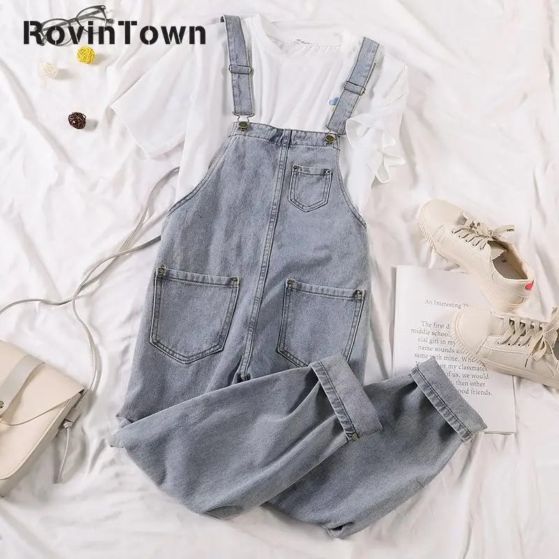 Джинсовый комбинезон модные Свободные повседневные голубые женские брюки-Капри