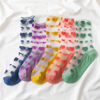 

2020 Colored Transparent Glass Filament Woman Socks Cotton with Love Heart Mesh Kawaii Socks Women Japanese for Spring Summer