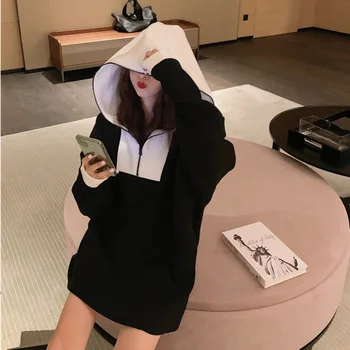 

Women's Sweater Loose Korean Version Autumn And Winter 2019 New Fashion Cover Lazy Color Matching Hood Zipper Medium Long