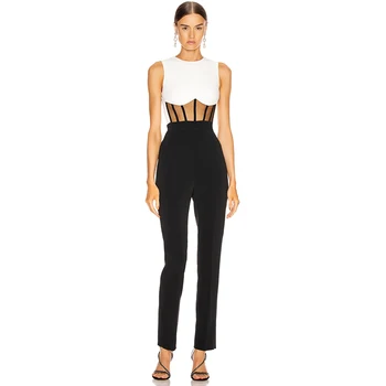 

Summer Party Jumpsuit New 2020 Women Black White Patchwork Sexy Sleeveless O-Neck Mesh Bodycon Celebrity Club Bandage Jumpsuit