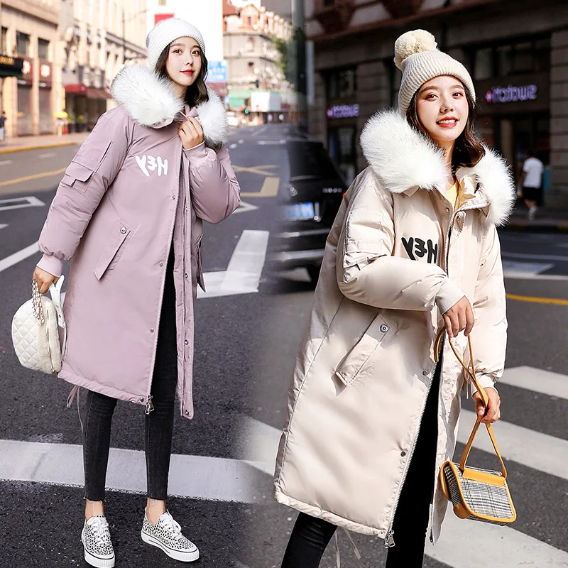 

2019 Winter New Style Cotton-padded Clothes Women's Mid-length Korean-style Large Fur Collar Printed Letter Thick INS Cotton Coa