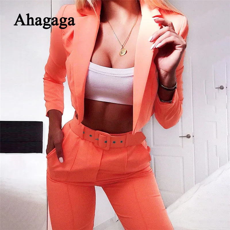 

2019 New Autumn Sexy 2 pieces Sets Office Ladies Fashion Streetwear Neon Long Sleeve Crop Tops + Pencil Pants Women Sets Costume