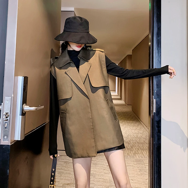 GALCAUR Tunic Autumn Women's Vest Coat Lapel Collar Sleeveless High Waist Lace Up Jackets For Female Clothing Fashion Tide