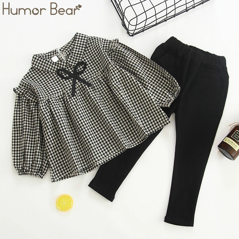 Humor Bear/комплекты осенней одежды для маленьких девочек комплект одежды в клетку для девочек хлопковая рубашка с длинными рукавами+ леггинсы комплекты детской одежды из 2 предметов - Цвет: Черный