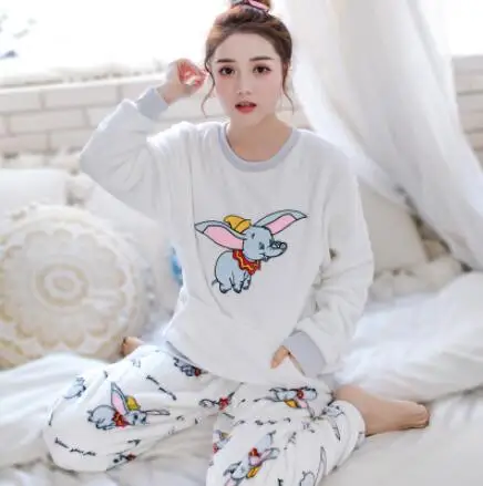 White elephant korean Flannel Warm Pajamas for Women Long Sleeve Home Suit Ladies sleepwear Velvet Pajama set Thick Feminino Pants Pyjamas - Цвет: White elephant