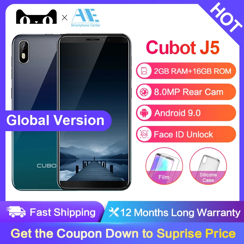 Cubot J5 5.5 Inch  18:9 Full Screen 2GB 16GB MT6580 Quad-Core Smartphone Android 9.0 2800mAh 3G Dual Nano Sim Celular Cellphone