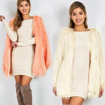 

Fashion Furry Faux Fur Coat Women Fluffy Warm Long Sleeve Female Outerwear Autumn Winter Coat Jacket Hairy V-neck Overcoat