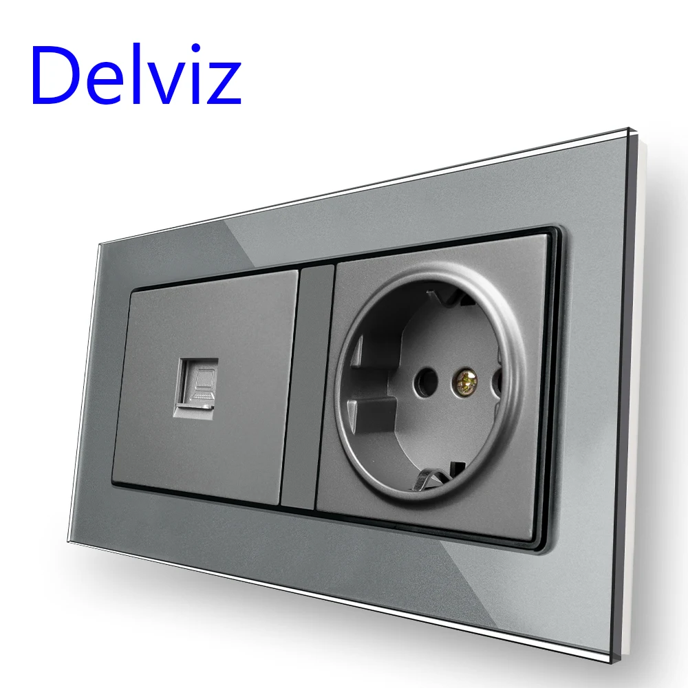 Delviz Double Power Socket, Tempered Crystal Glass Panel, USB charging interface, 146mm x 86mm, EU standard Wall Embedded socket