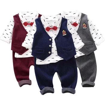 

Baby boy spring and autumn new children's dress three-piece cartoon mustache print cotton warm vest three-piece boy dress suit