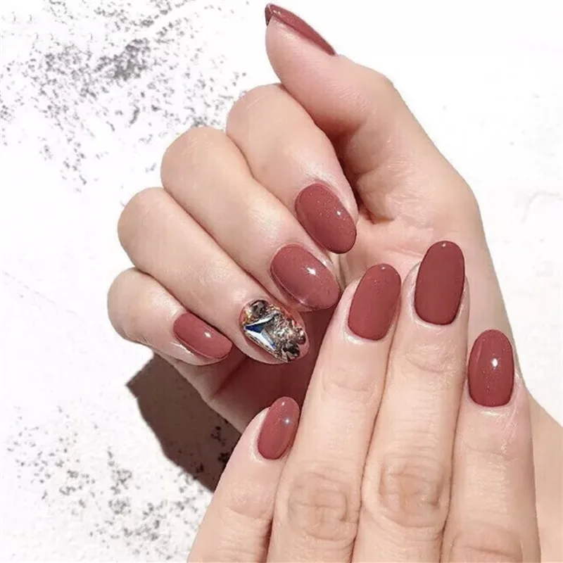 

24pcs Full Cover Glitter Orange Red Diamond press on nails Shiny Solid Color Detachable 3D Bride False Nail with Glue for girl
