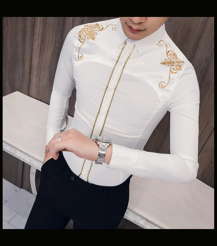 Весенняя модная Корейская вышитая приталенная Мужская рубашка с длинным рукавом Kemeja Pria Весенняя Клубная рубашка для выпускного вечера Camisa Masculina