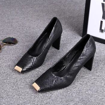 

2020 Summer Autumn Flat Square Toe Pumps Snakeskin Leather Reduce Foot Pressure Comfortable Office High Heels