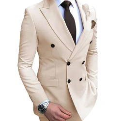 Costume Beige pour hommes 2 pièces, Blazer + pantalon, coupe cintrée, revers à Double boutonnage, décontracté, pour mariage, nouvelle collection 2021 