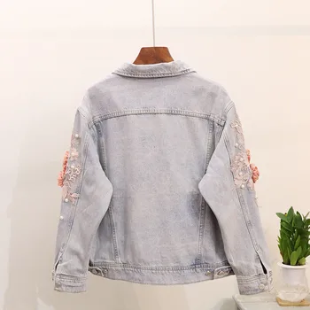 

Designer Brand Women Denim Jacket Embroidery Beads Floral Jacket Single Breasted Pocket Jacket Casual Loose Fit Women Outwear