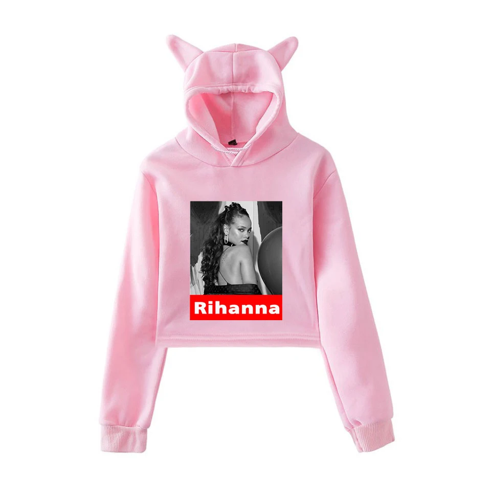 Рубашка Rihanna женские толстовки с капюшоном с длинным рукавом в стиле пэчворк, с кошачьими ушками, с капюшоном, милые укороченные топы для девочек, свитшоты женские осенние