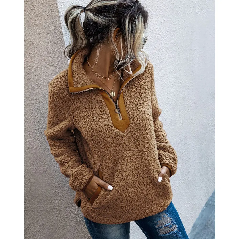 Женский свитер из шерпы, плюшевый флисовый пуловер на половинной молнии, флисовые топы, Женское зимнее теплое пальто, Свитера Тедди
