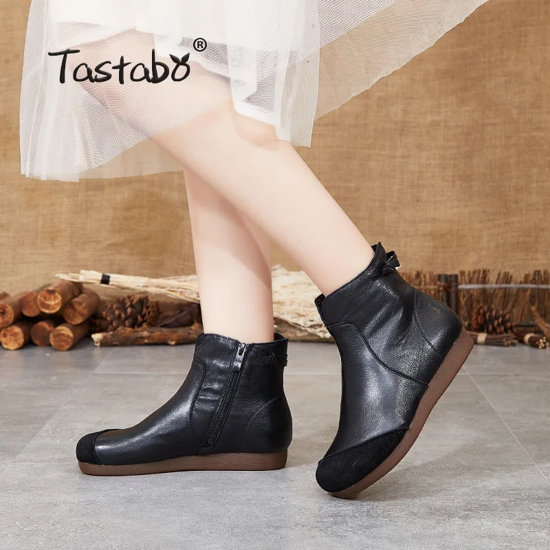 Tastabo 2019 autumn and winter ladies ankle boots Handmade vintage leather everyday shoes Brown Black S335 women's boots 35-40