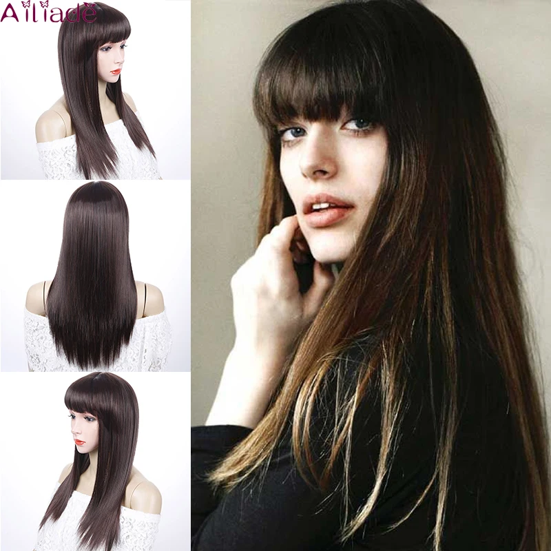 

AILIADE Synthetic Hair Long Straight Dark Brown Head Wigs For Women Hair Extensions High Temperature Heat Resistant Fiber