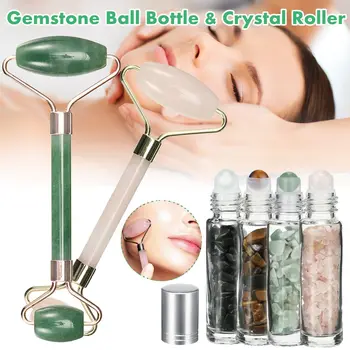 

Natural Gemstone Essential Oil Roller Ball Bottles+Double Head Massage Roller Face Thin Wrinkle Removal Face Lifting Massage Set