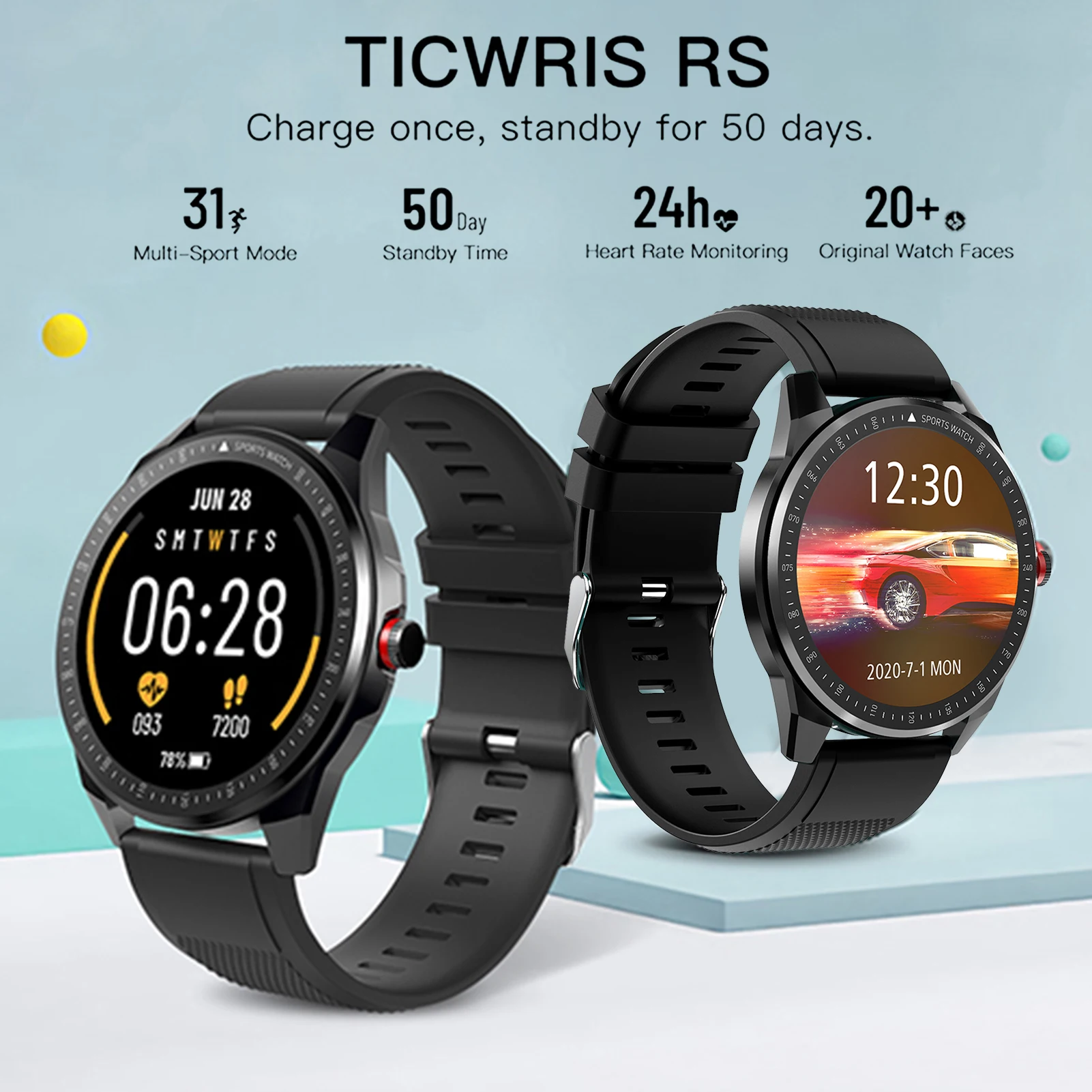 US $33.26 TICWRIS RS Smart Watch Men 13 inch TFT Touch Screen IP68 Waterproof Bluetooth 50 Heart Rate Monitor Fitness Tracker Smartwatch