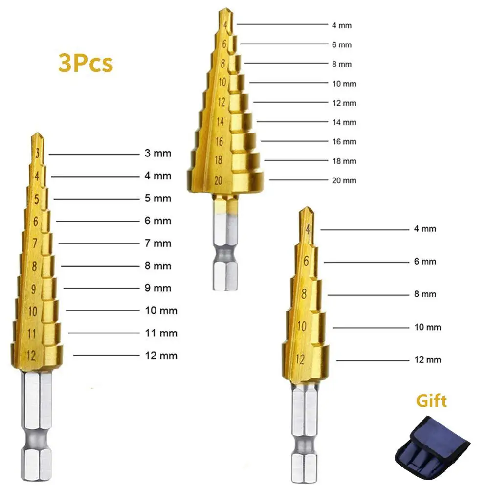 3 шт титановые пластины высокоскоростные стальные ступенчатые сверла набор сверл набор для сверления отверстий из листового металла 4-12 мм 4-20 мм 4-32 мм 3-12 мм - Цвет: 3PC(4-12 3-12 4-20)