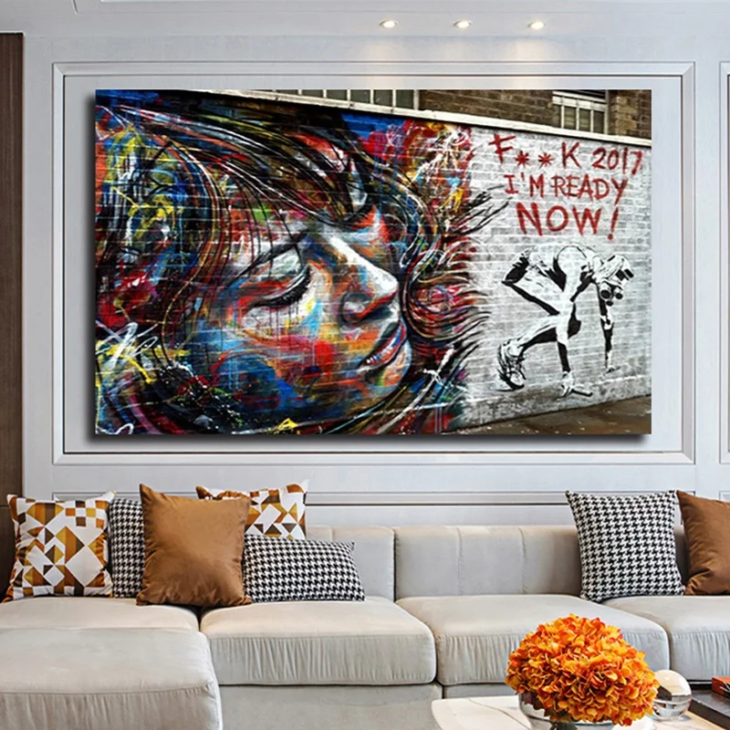 OUCAG Street Graffiti Girl Face Wall Art Picture Modern Cityscape Frameless Canvas Painting Artwork For Living Room Decor | Дом и сад