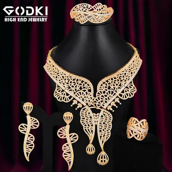 

GODKI Luxury 4PCS Lotus Flower Nigerian Jewelry Set For Women Wedding Zircon Indian African Bridal Jewelry Set 2020
