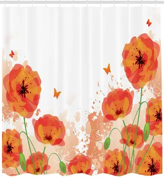 

Poppy Shower Curtain Digital Watercolors Design of Poppy Classic Botany Bouquet Patterns Print Cloth Fabric Bathroom Decor Set
