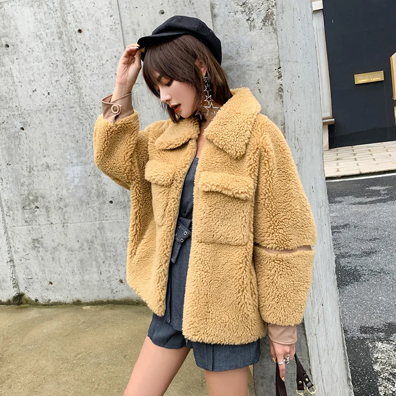 Женская Короткая Меховая парка Shearling винтажное Короткое шерстяное пальто