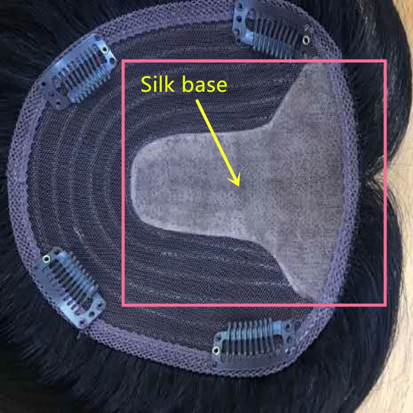 여성용 실크 탑, 천연 블랙 컬러 토퍼, 앞머리 포함 인모 토피, 실크 베이스, 중간 부분 교체, 14 인치, 13x15cm