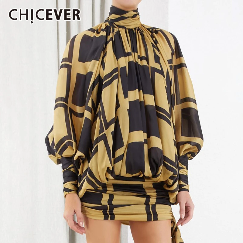 

CHICEVER Bowknot Plaid Dress For Women Turtleneck Lantern Long Sleeve High Waist Lace Up Mini Dresses Female 2019 Autumn Fashion